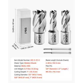 Annular Cutter Set, 5 Pcs Weldon Shank Mag Drill Bits Kit, 1" Cutting Depth, 1/2", 5/8", 1" Cutting Diameter, HSS, 3 Drill Bits With 2 Pilot Pins (Option: Black)