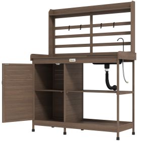 Wooden Potting Bench with Storage, Sink, Water Tap for Backyard, Patio, Balcony, Dark Brown (Option: Brown-1190x295x530 mm)