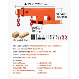 Forklift Jib Boom Crane, 5500 Lbs Capacity, Forklift Mobile Crane Lifting Hoist With 2 Hooks, Manual Telescopic 47.2-73.5 In, Boom Attachment Tow (Option: Black)