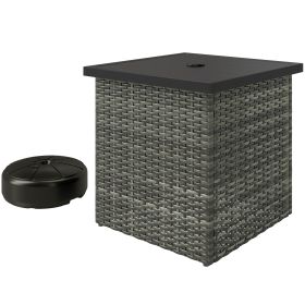 Wicker Side Table with 1.5" Umbrella Hole, Square Outdoor End Table with UV-Resistant Frame, Storage Space, Mixed-Gray (Option: Gray-570x530x280 mm)