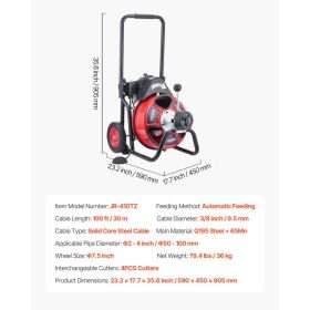 Drain Cleaner Machine 100 FT X 3/8 Inch, Auto Feed Sewer Snake Auger On Wheels, Portable Drain Cleaning Machine With 4 Cutters & Air-activated Fo (Option: Black)