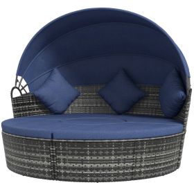 4-piece Cushioned Outdoor Rattan Wicker Sunbed or Conversational Sofa Set with Sun Canopy, Dark Blue (Option: Dark Blue-1170x320x610 mm)