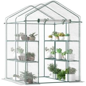 Mini Walk-in Greenhouse Kit, Portable Green House With 3 Tier Shelves, Roll-Up Door, And Weatherized Plastic Cover For Backyard Garden, Clear (Option: Clear)