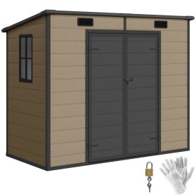 Outsunny 8' X 4' Plastic Outdoor Storage Shed With Floor, Window, Lockable Doors And Vents For Backyard Patio Lawn, Light Brown (Option: Light brown)